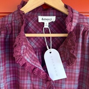 NWT &Merci Button Down Plaid Blouse, Lace Details D1